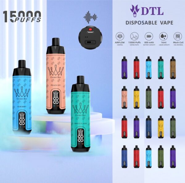 Dispositivo de vaper desechable Pod DL/DTL 15000 Puffs E-Shisha/Hookah caladas con sonido de agua, pantalla, control de flujo de aire y recargable AL FAKHAR Crown Bar