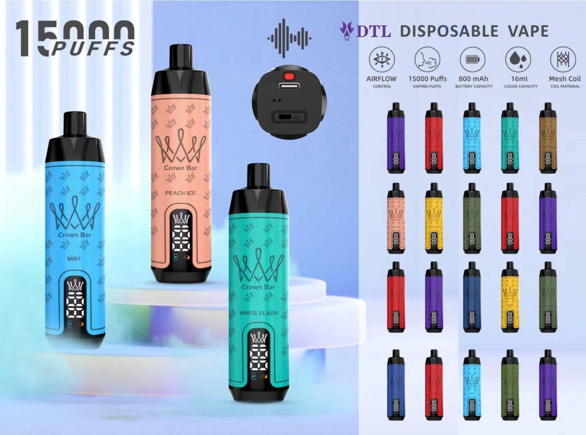 Dispositivo de vaper desechable Pod DL/DTL 15000 Puffs E-Shisha/Hookah caladas con sonido de agua, pantalla, control de flujo de aire y recargable AL FAKHAR Crown Bar